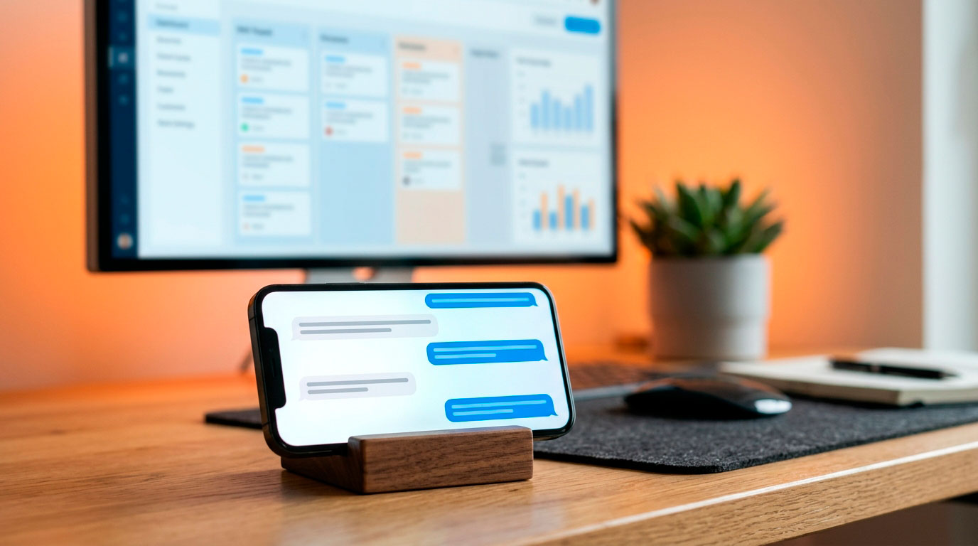 A mobile phone displaying a chat conversation with a blurred customer management dashboard in the background
