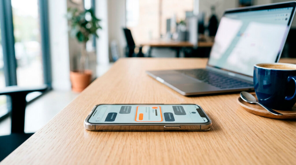 Móvil con una conversación de chat de IA que destaca la recomendación de una empresa