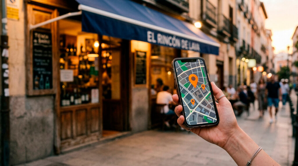 Móvil con un mapa de negocios cercanos frente al escaparate de un local de barrio