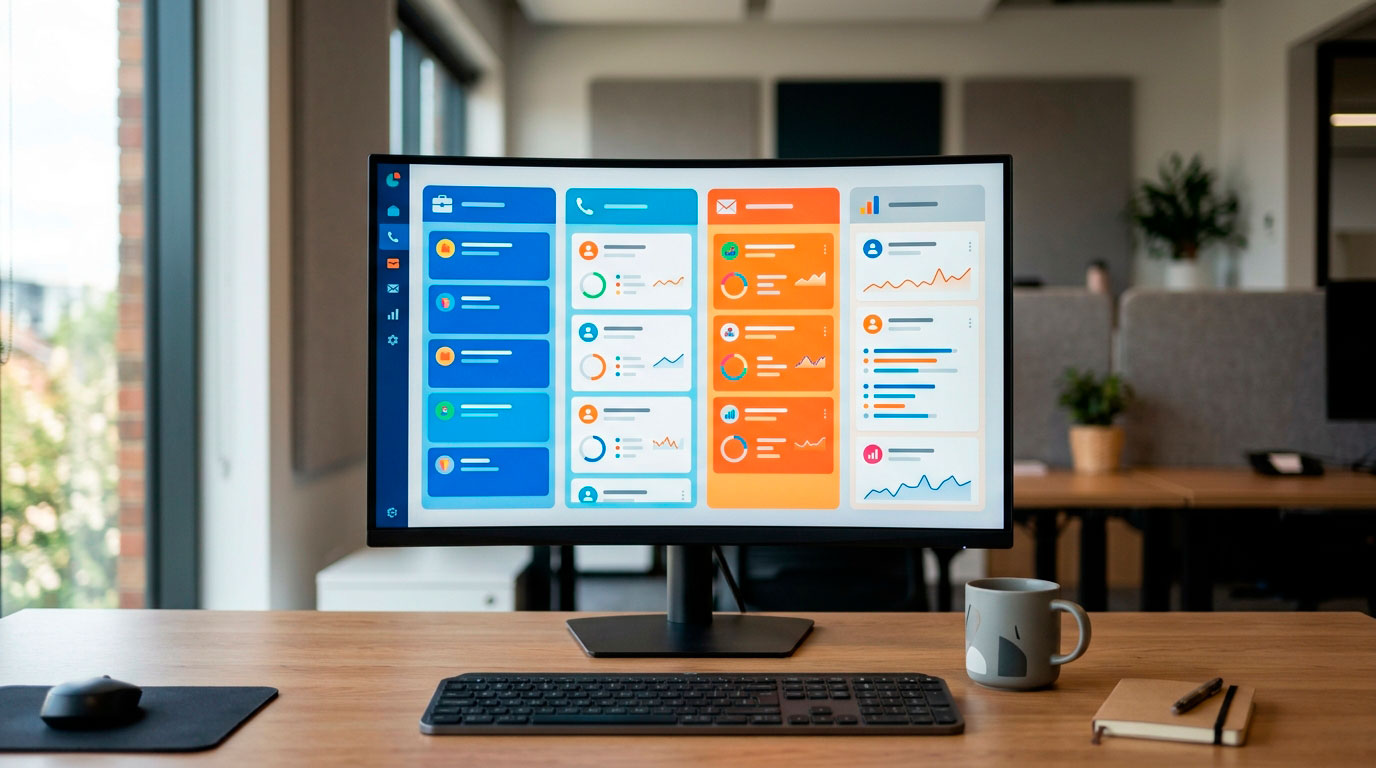 Monitor con un panel de gestión de contactos organizado en columnas