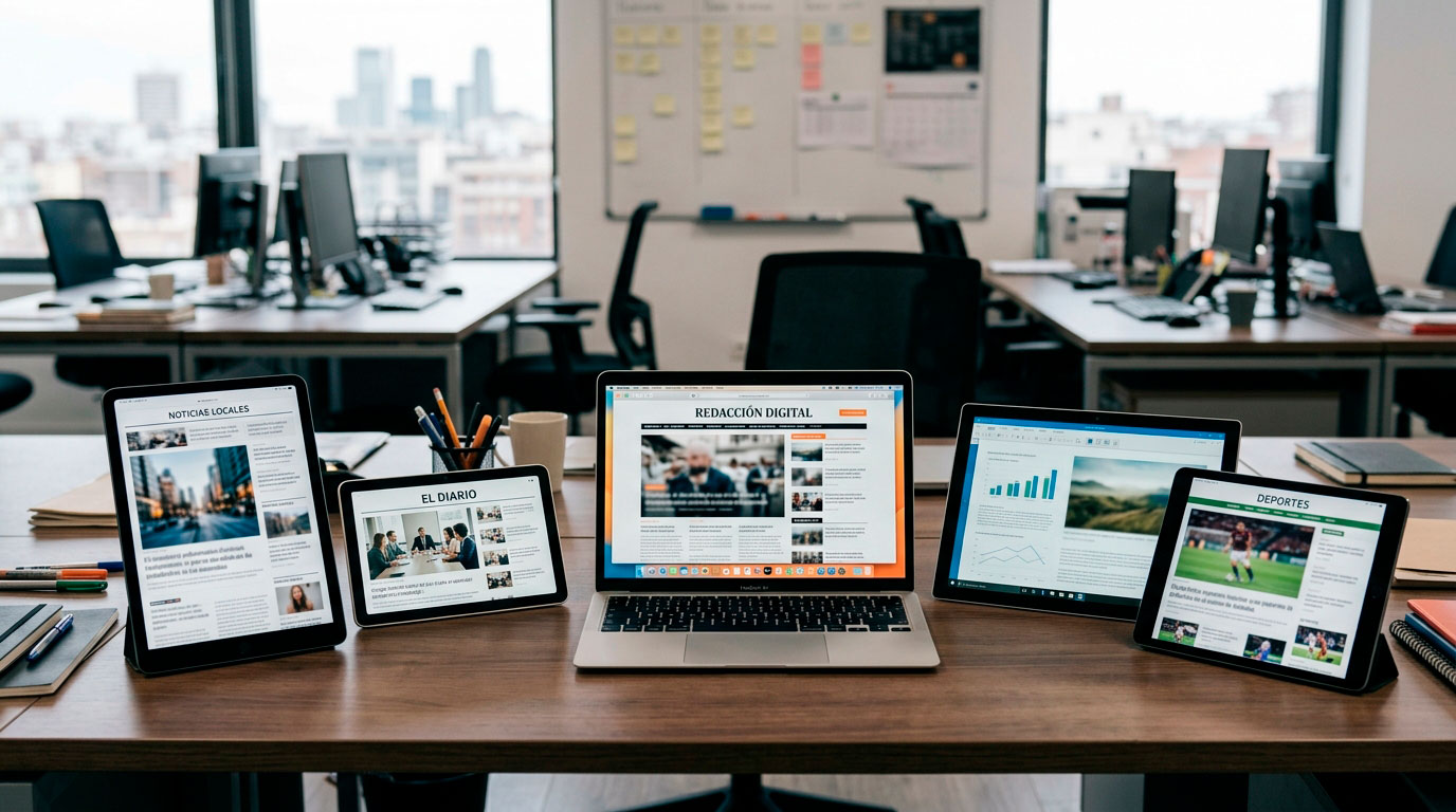 Tablets y portátil mostrando portadas de periódicos digitales sobre una mesa