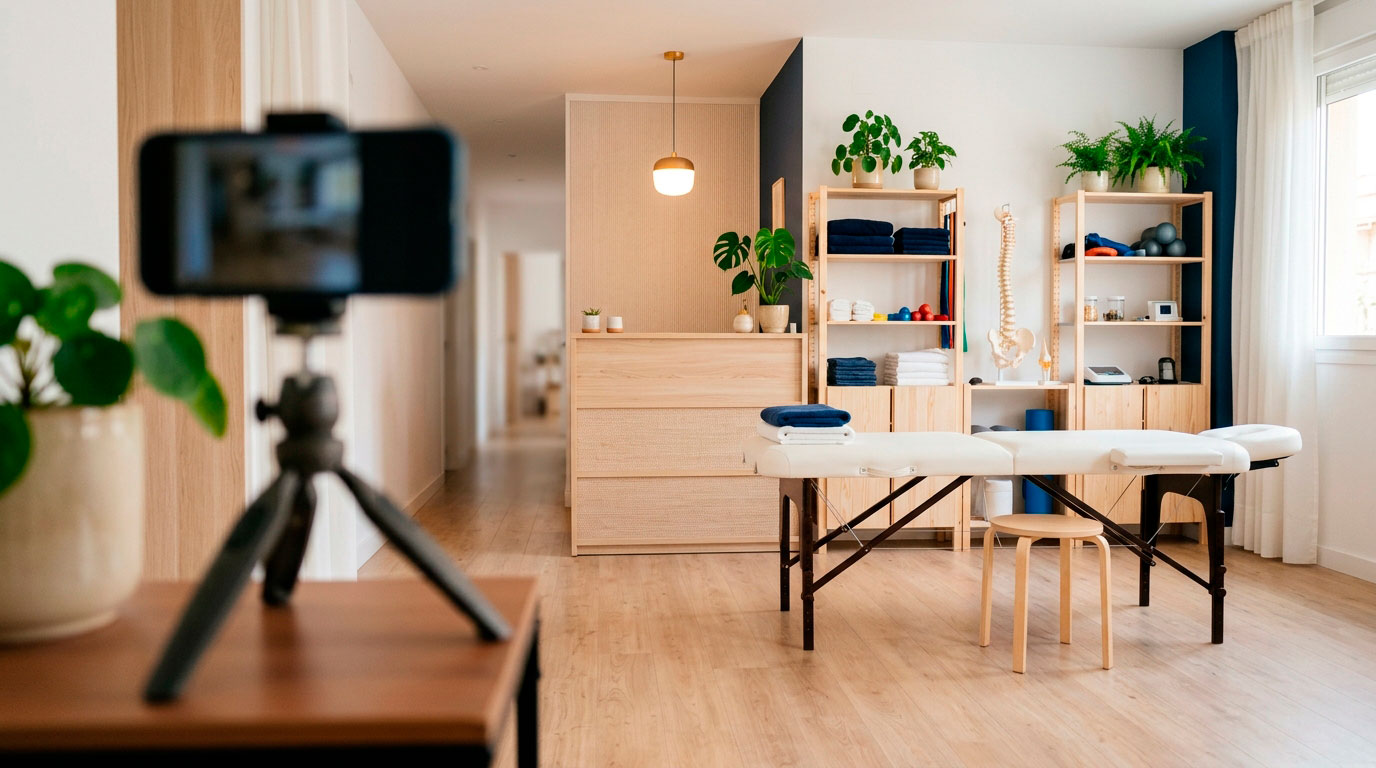 Móvil en un trípode fotografiando el interior de una clínica para su ficha de Google Business