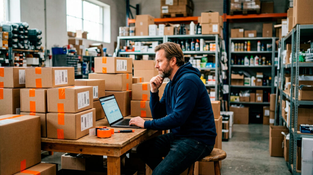 Dueño de una tienda online revisa sus ventas en el portátil rodeado de cajas sin enviar