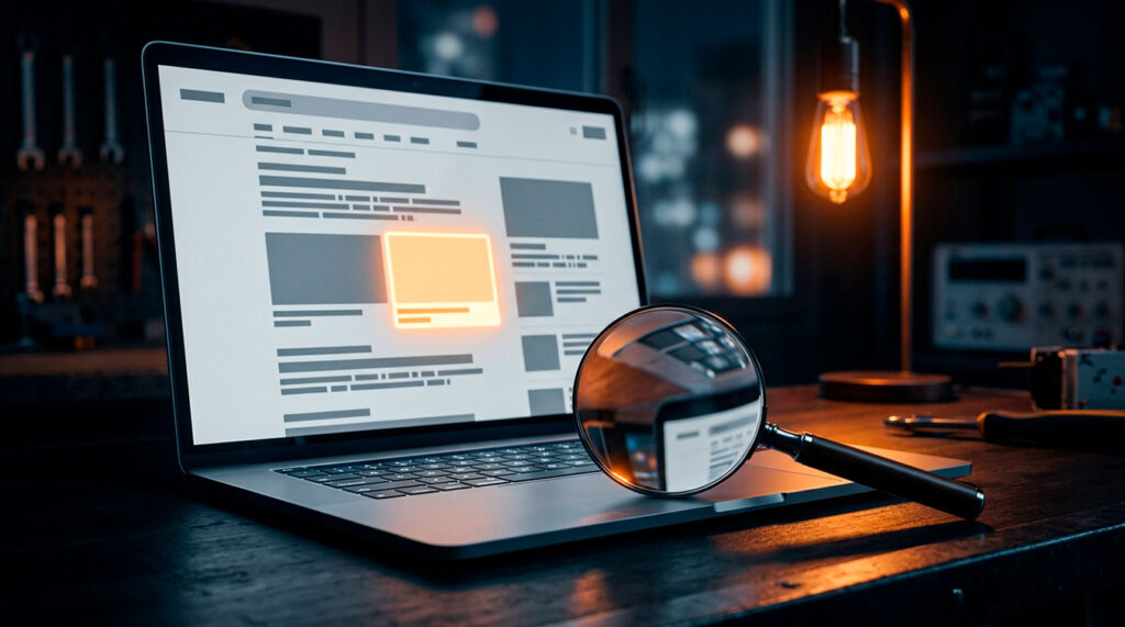 Lupa sobre una página de resultados de búsqueda con un hueco vacío donde falta una web