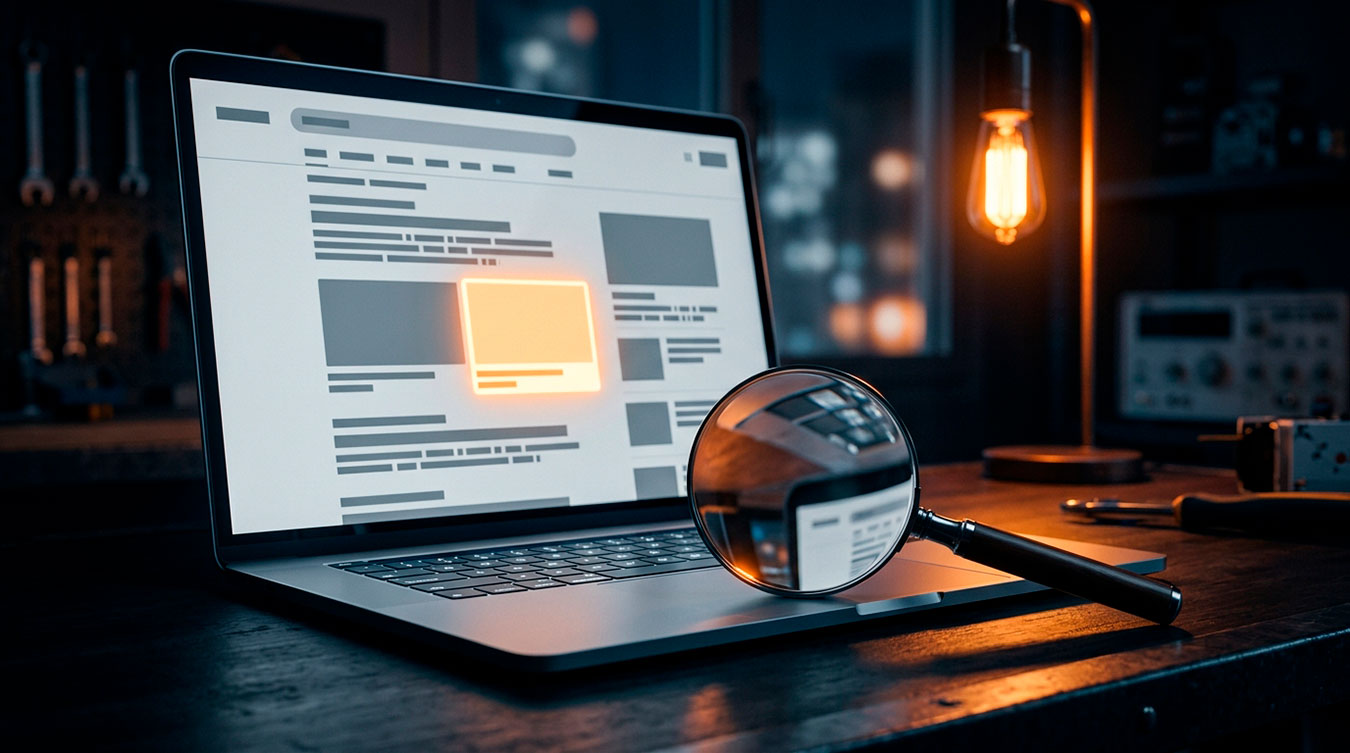 A magnifying glass over a search engine results page with an empty gap where a website is missing
